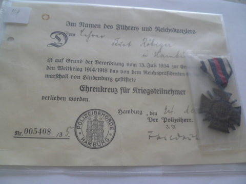 german ww1 honour cross with swords with certificate