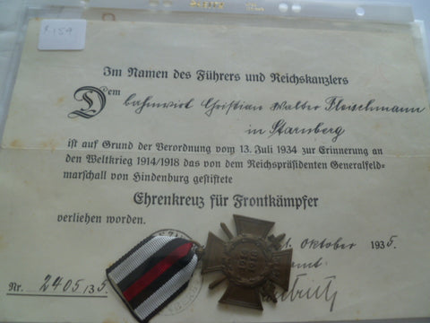 german honour cross certificate with medal