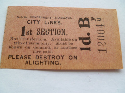 AUSTRALIA nsw govt tramways ticket 1 sect 1915/18