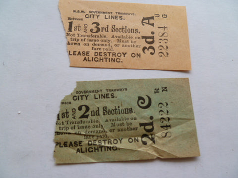 AUSTRALIA nsw govt tramways 2  tickets1& 2 sect 1915/18