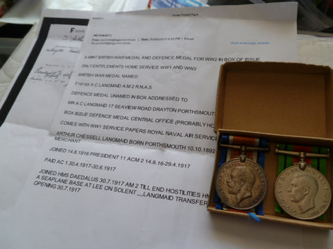British ww 1 and  ww2 RNAS 1 medal each war  w/research