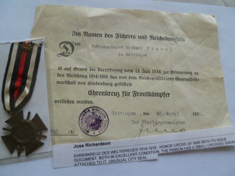 ww1/weimar period cross of honour with ribbon and certificate